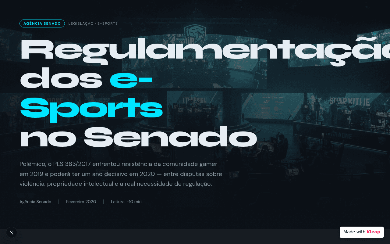 A clean, dark-themed article page exploring the regulation of e-Sports in the Senate.